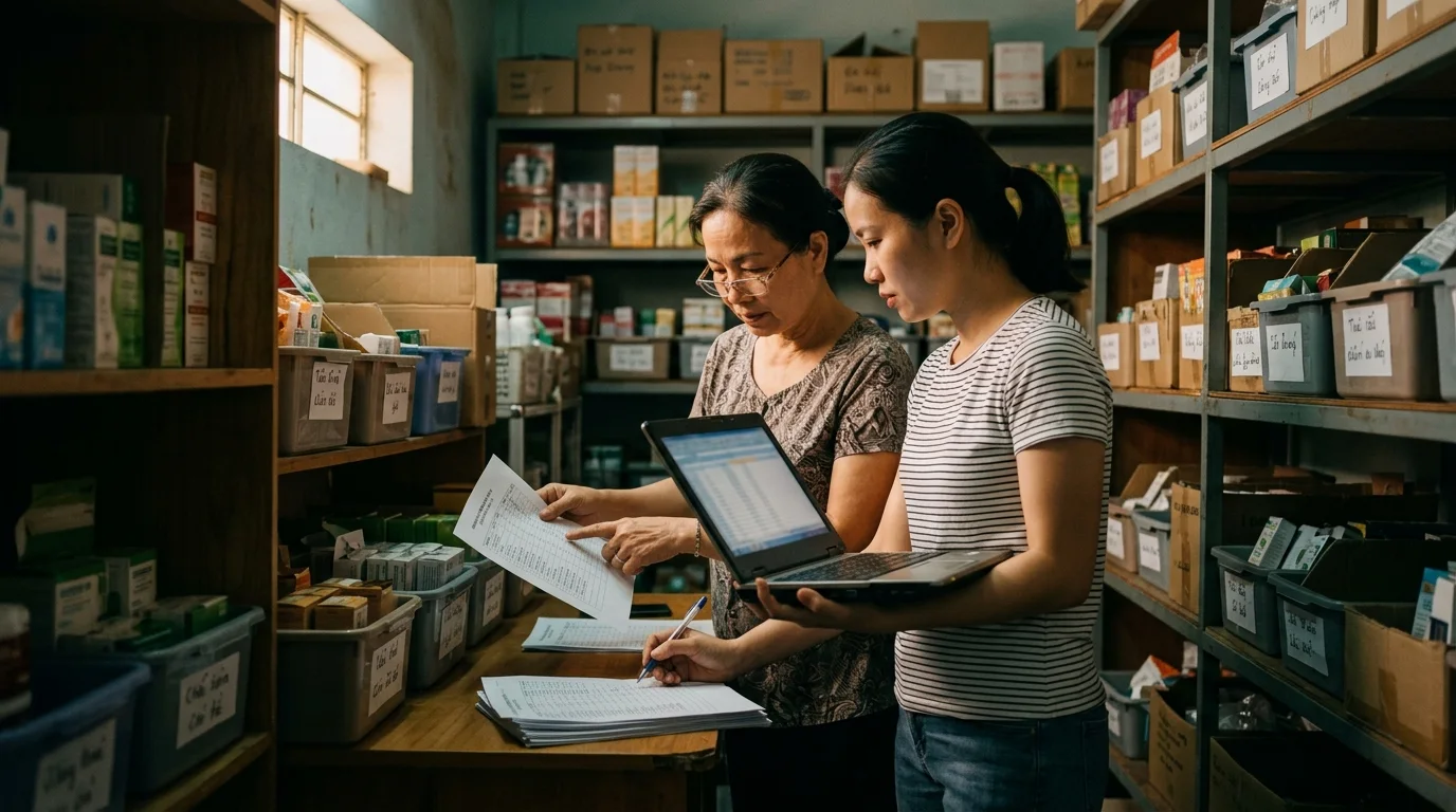 Chủ shop và nhân viên kiểm kê hàng, làm sạch bảng tính trước khi chuyển hệ thống