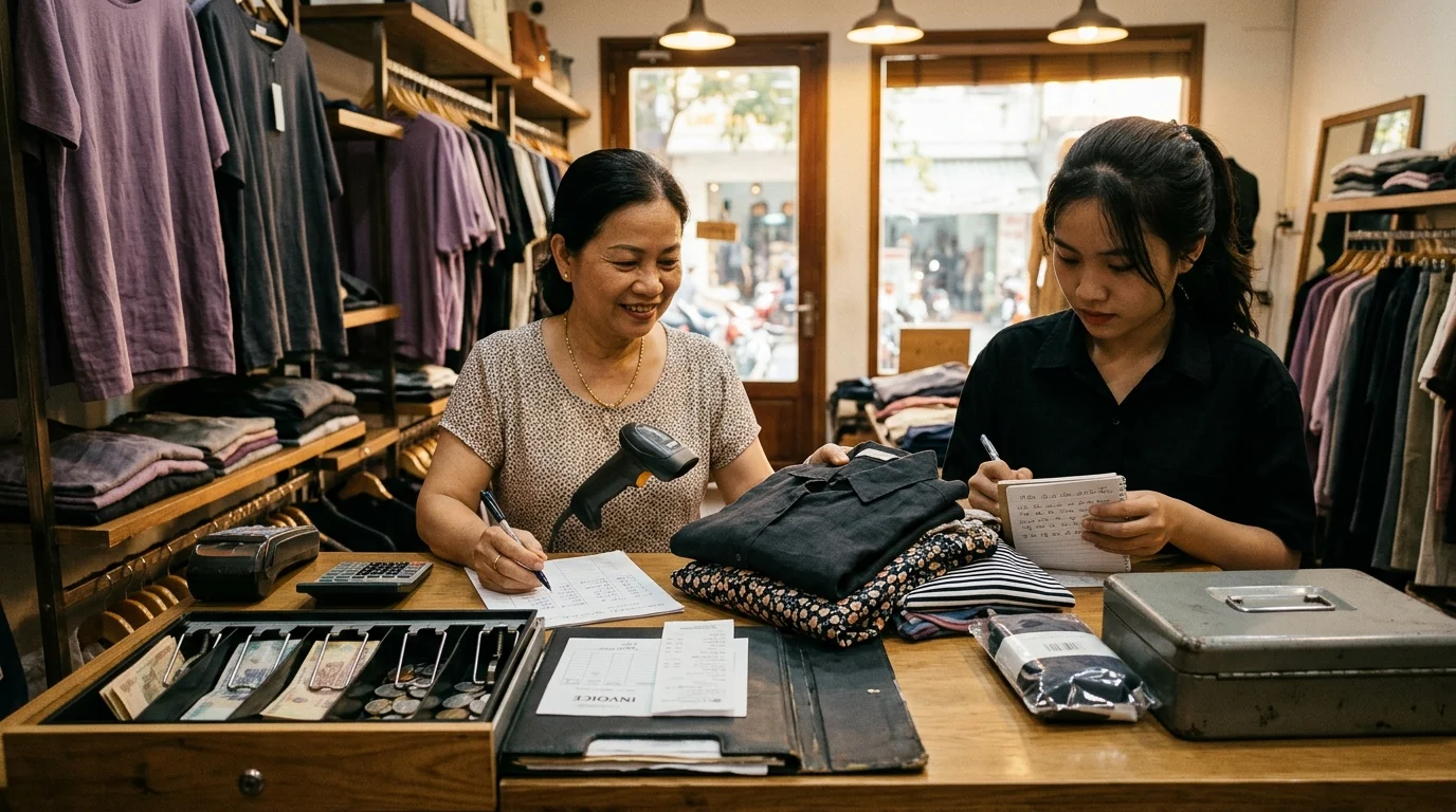 Chủ shop và nhân viên kiểm kho cuối ngày với máy quét mã, ngăn kéo tiền và sổ hóa đơn