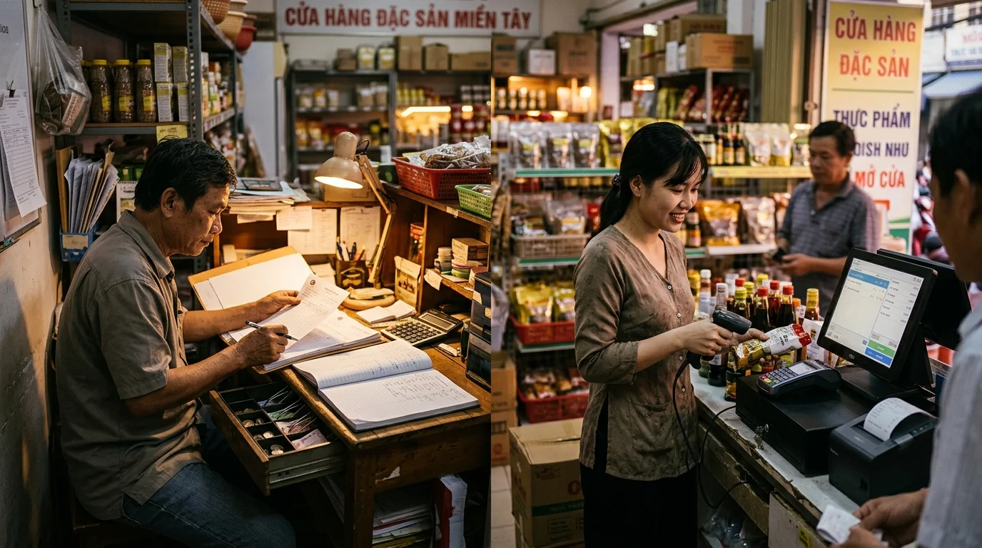 Cửa hàng cuối ngày với quầy quét mã, sổ hóa đơn và kiểm tồn
