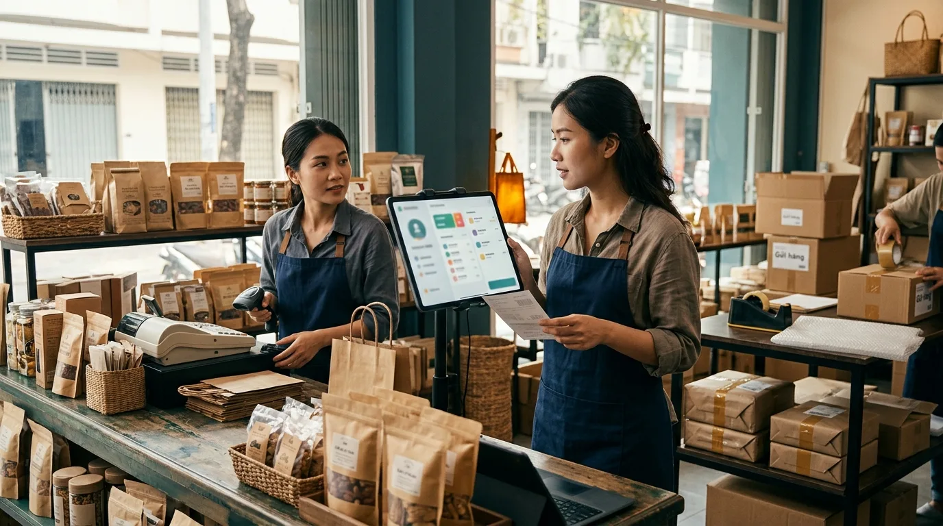 Nhân viên phối hợp giữa quầy tính tiền, đơn online và khu vực đóng gói