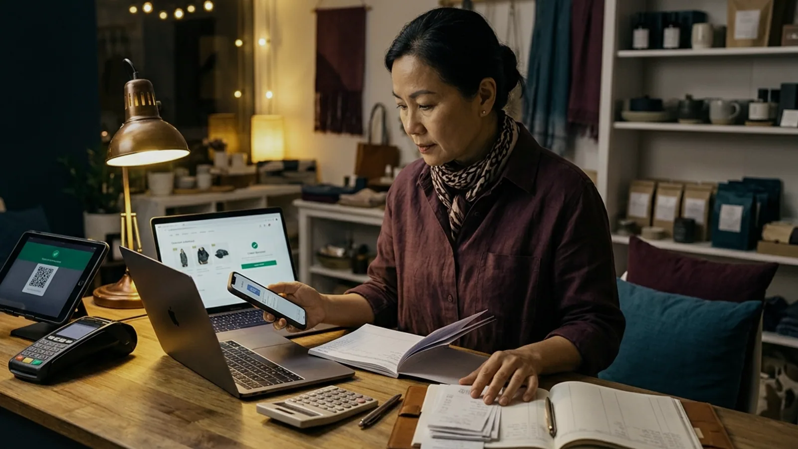 Chủ shop kiểm tra checkout website và trạng thái đơn thanh toán trên màn hình