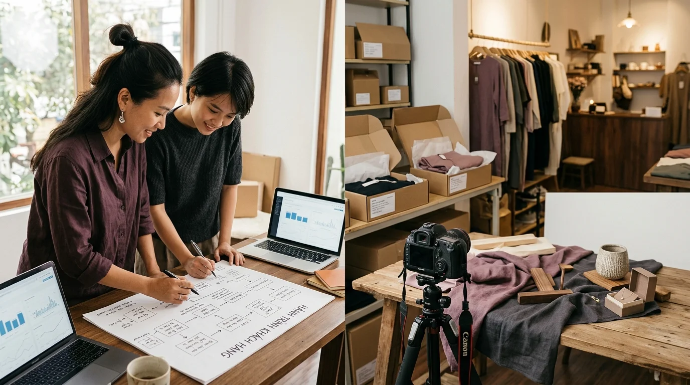Chủ shop và nhân viên lên hành trình khách bên cạnh bàn chụp sản phẩm