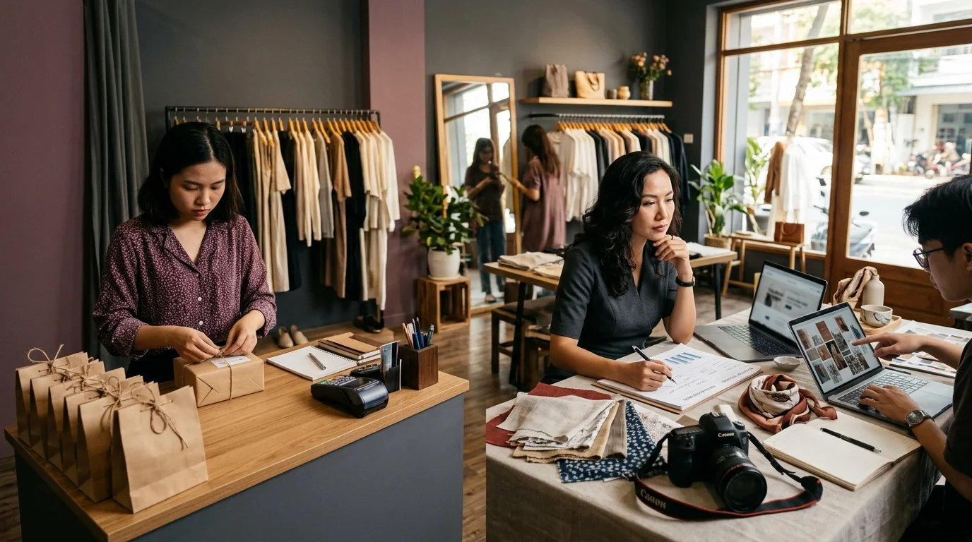 Chủ shop và nhân viên vẽ lại luồng đơn hàng, website và kho trước khi chọn nền tảng