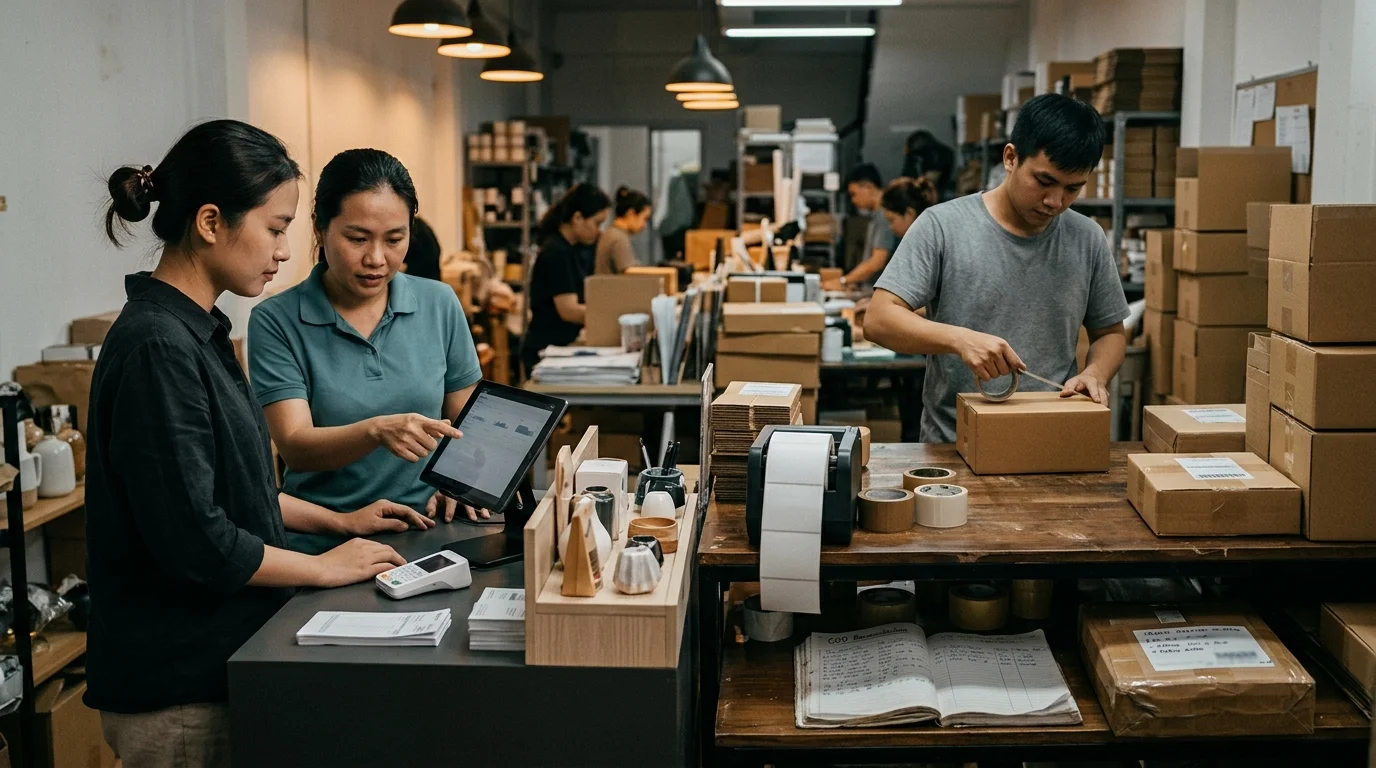 Nhân viên xử lý đơn, đóng gói và kiểm tra luồng giao hàng của shop