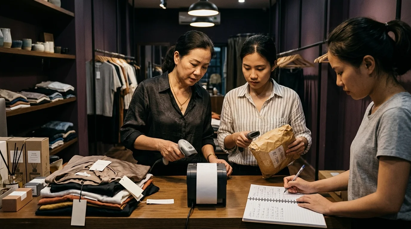 Chủ shop và nhân viên thử quét mã, đổi trả và đóng gói trong buổi demo phần mềm